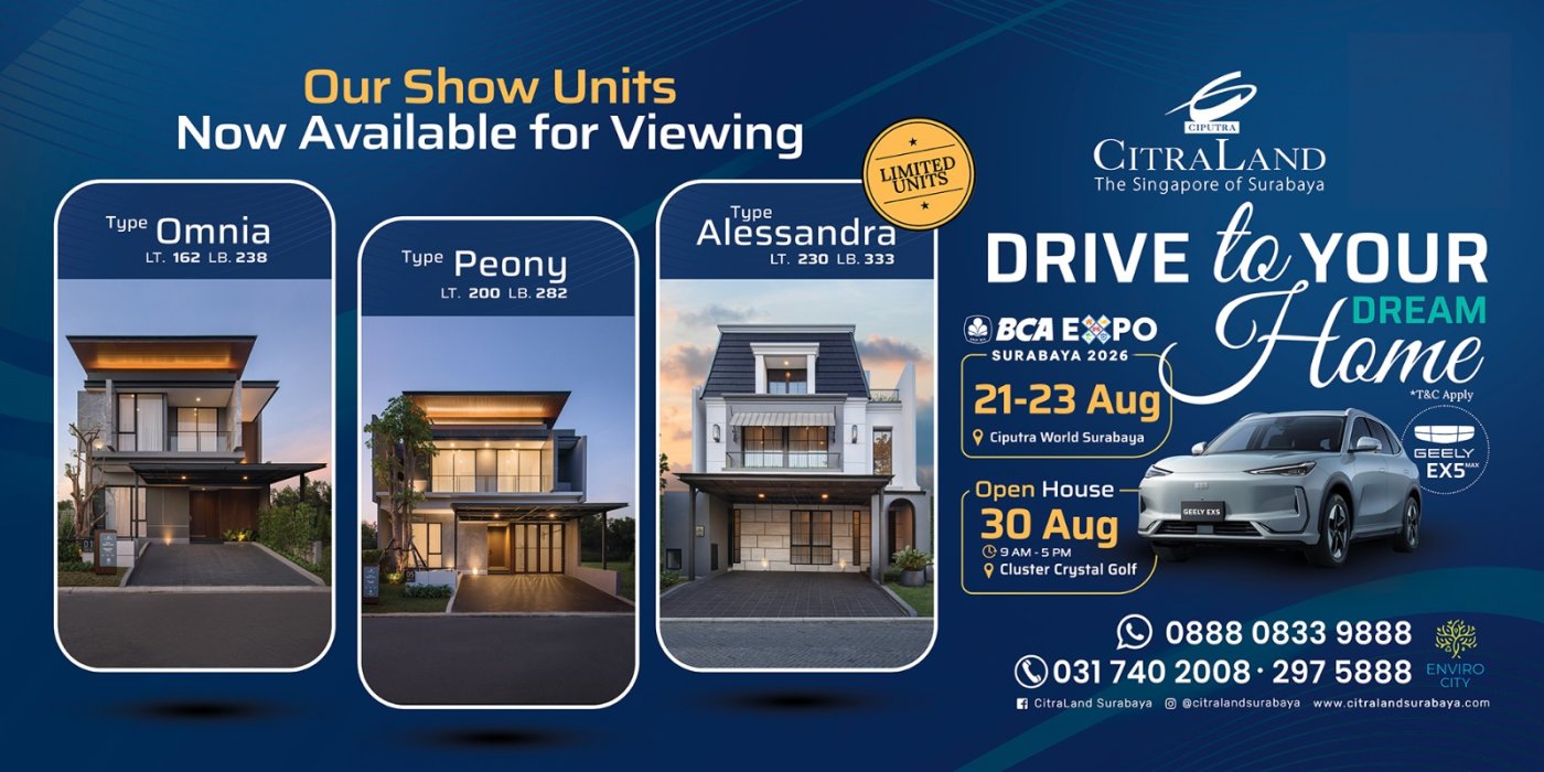 Three modern show homes labeled Omnia, Peony, and Alessandra on a blue marketing banner with rounded panels.
