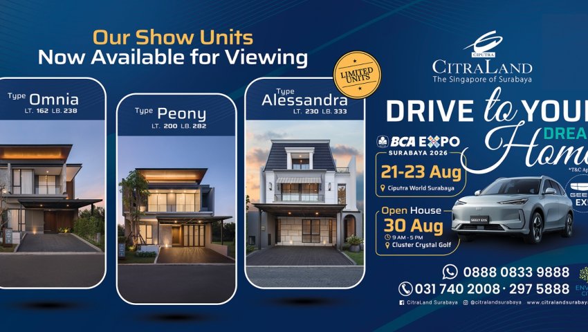 Three modern show homes labeled Omnia, Peony, and Alessandra on a blue marketing banner with rounded panels.