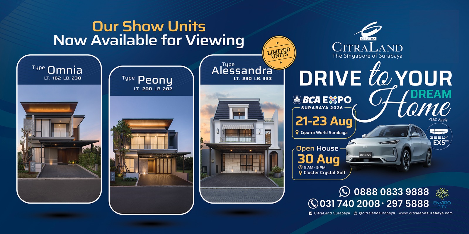 Three modern show homes labeled Omnia, Peony, and Alessandra on a blue marketing banner with rounded panels.
